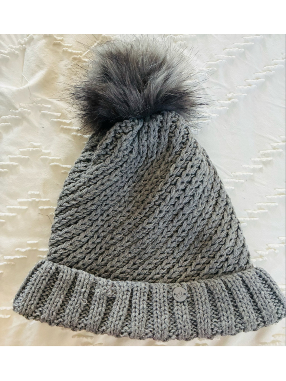 Apana Grey and White Knit Pom Pom Beanie Hat women One Size cozy winter